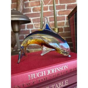 Murano Style Art Glass Dolphin Figurine in Amber and Blue, 7.25”